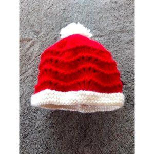 Red and White Hand Knit Wavy Newborn Valentine Beanie with Pom Pom Hand Knit